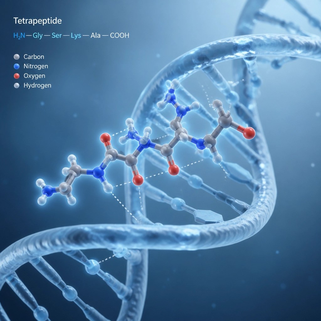 Abstract 3D render of a KEDG peptide chain interacting with a DNA strand