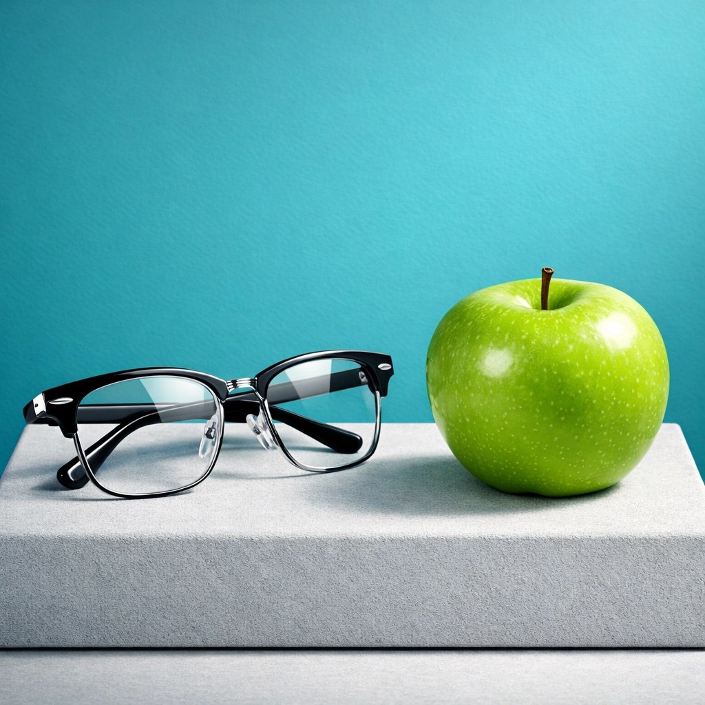 Modern eyeglasses and a green apple highlighting the importance of dental and vision coverage.