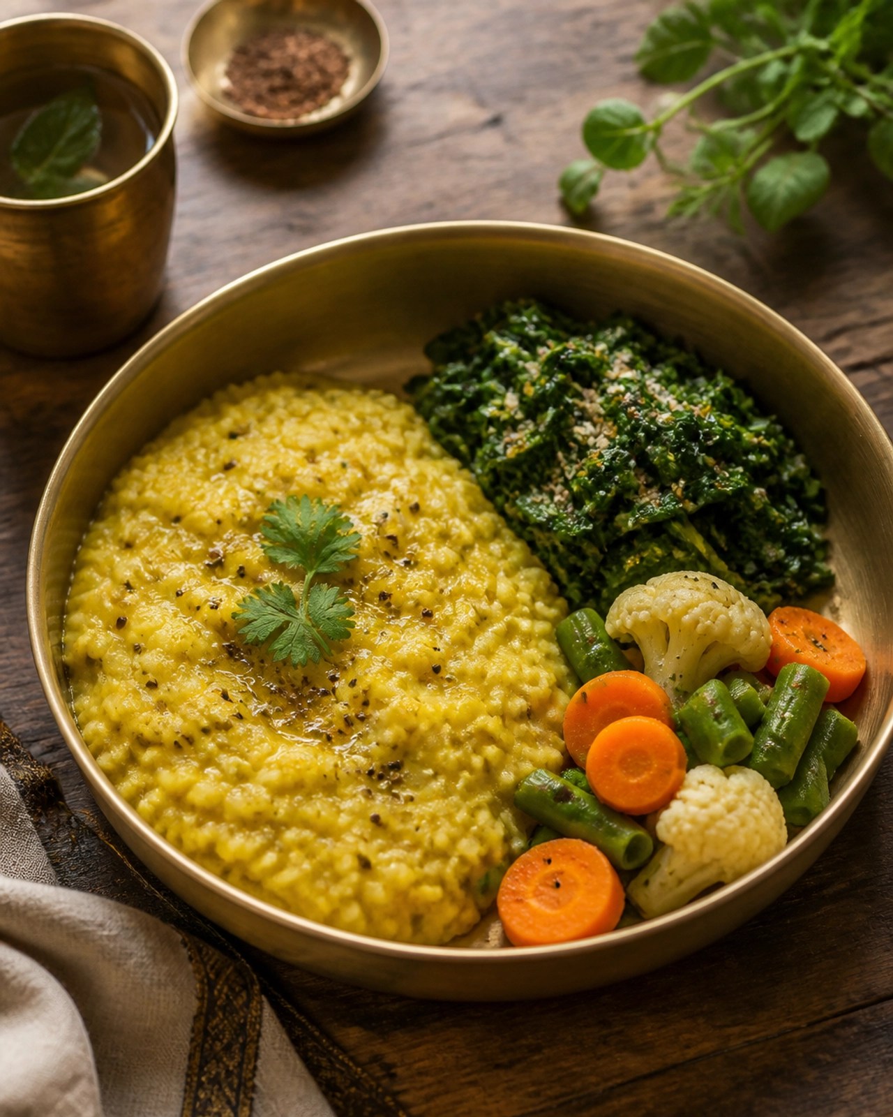 A brass bowl containing a balanced Ayurvedic meal of kitchari and vegetables on a rustic wooden surface