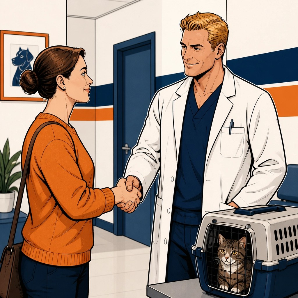 A veterinarian and a pet owner shaking hands in a clinic hallway symbolizing trust