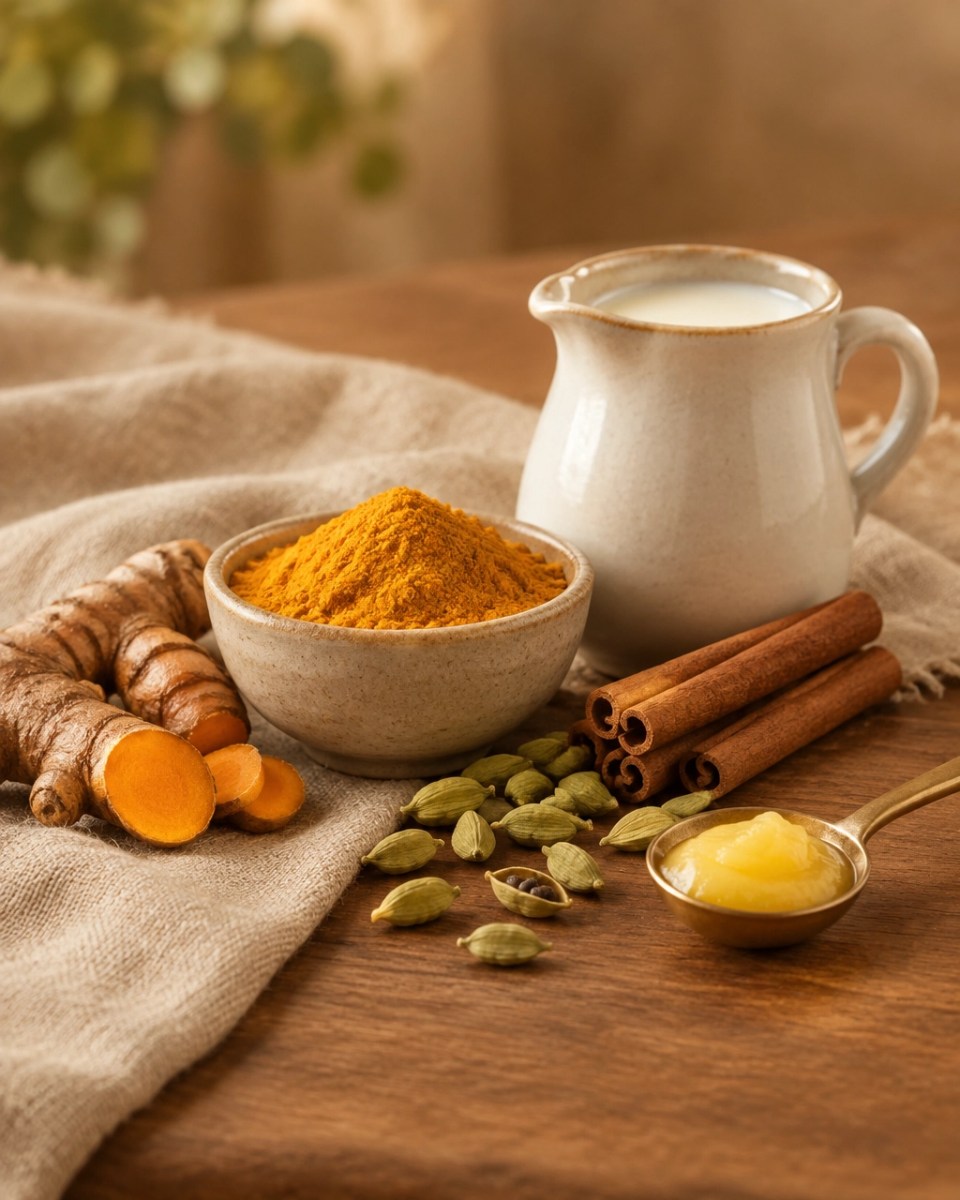 Ingredientes naturales para preparar leche dorada ayurvédica