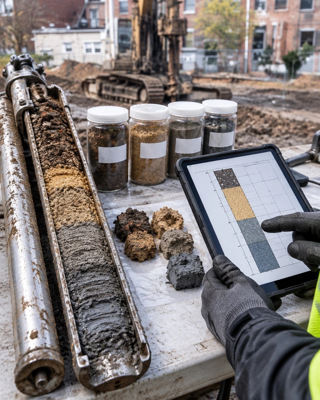 Geotechnical sample tray showing layered New Jersey soil and field documentation