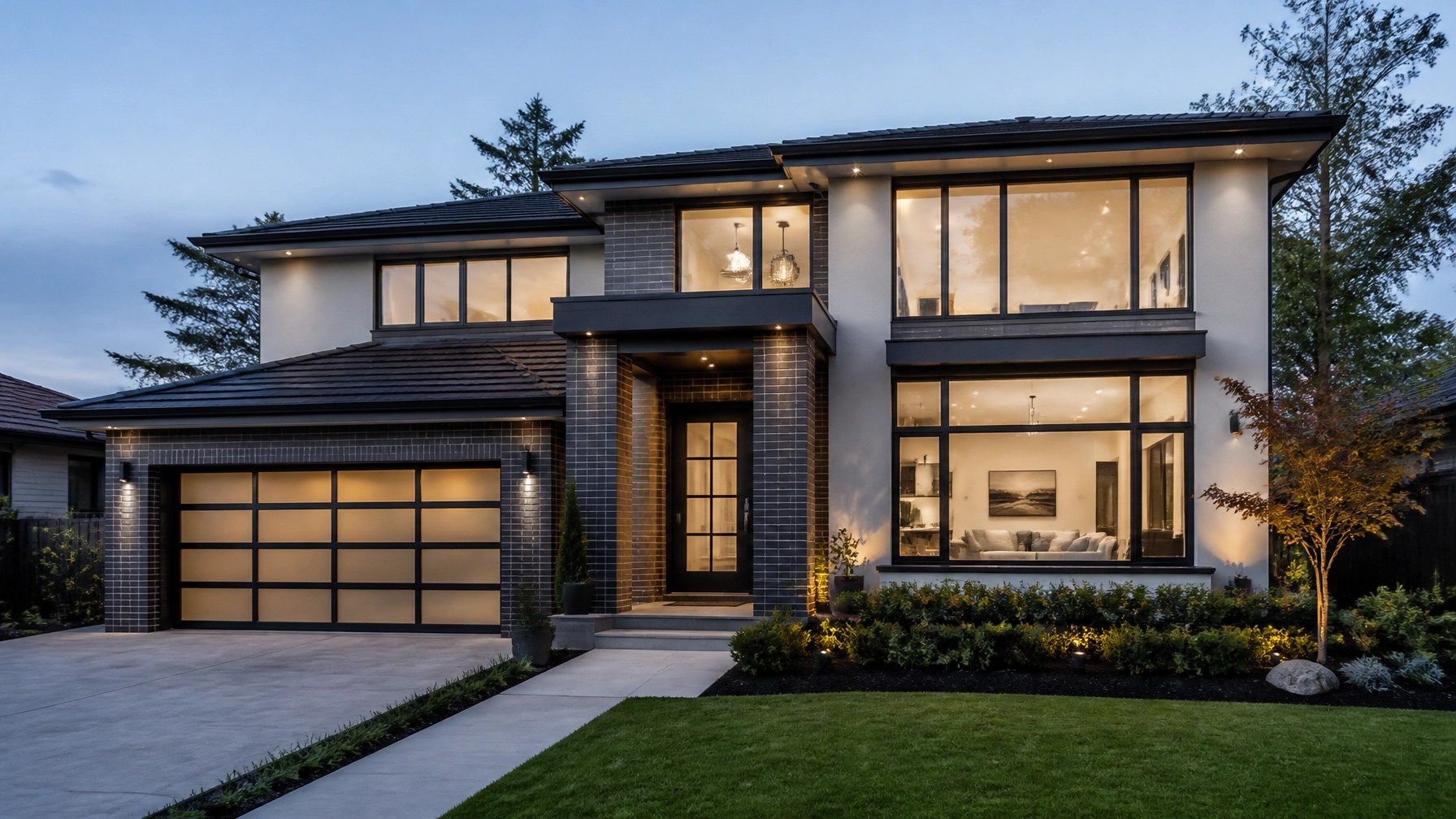 A high-resolution architectural photograph of a modern residential home exterior at dusk, symbolizing the security and comfort of home financing.