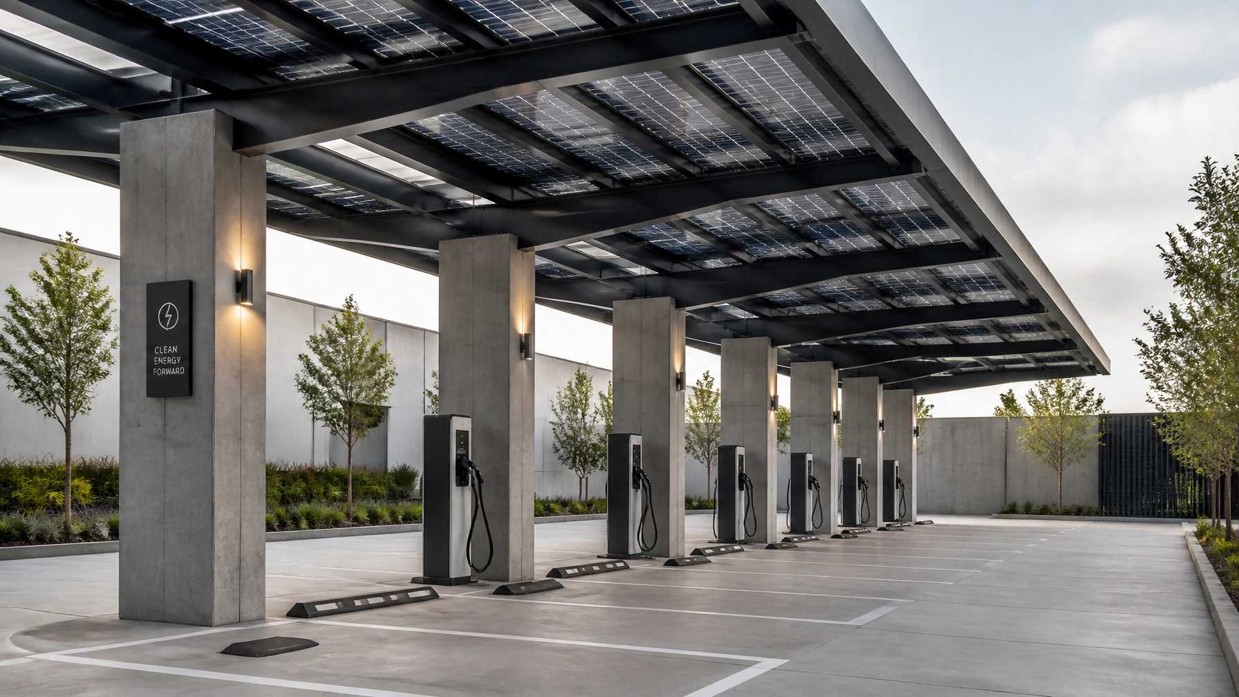 A modern parking lot with solar canopies and EV charging stations
