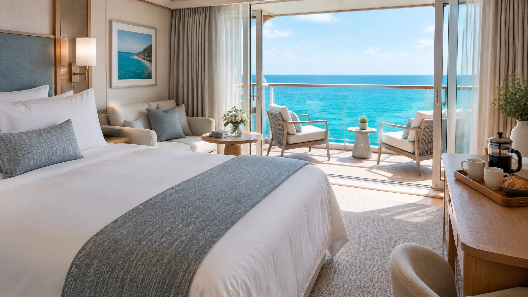 A serene balcony stateroom with ocean views and soft morning light