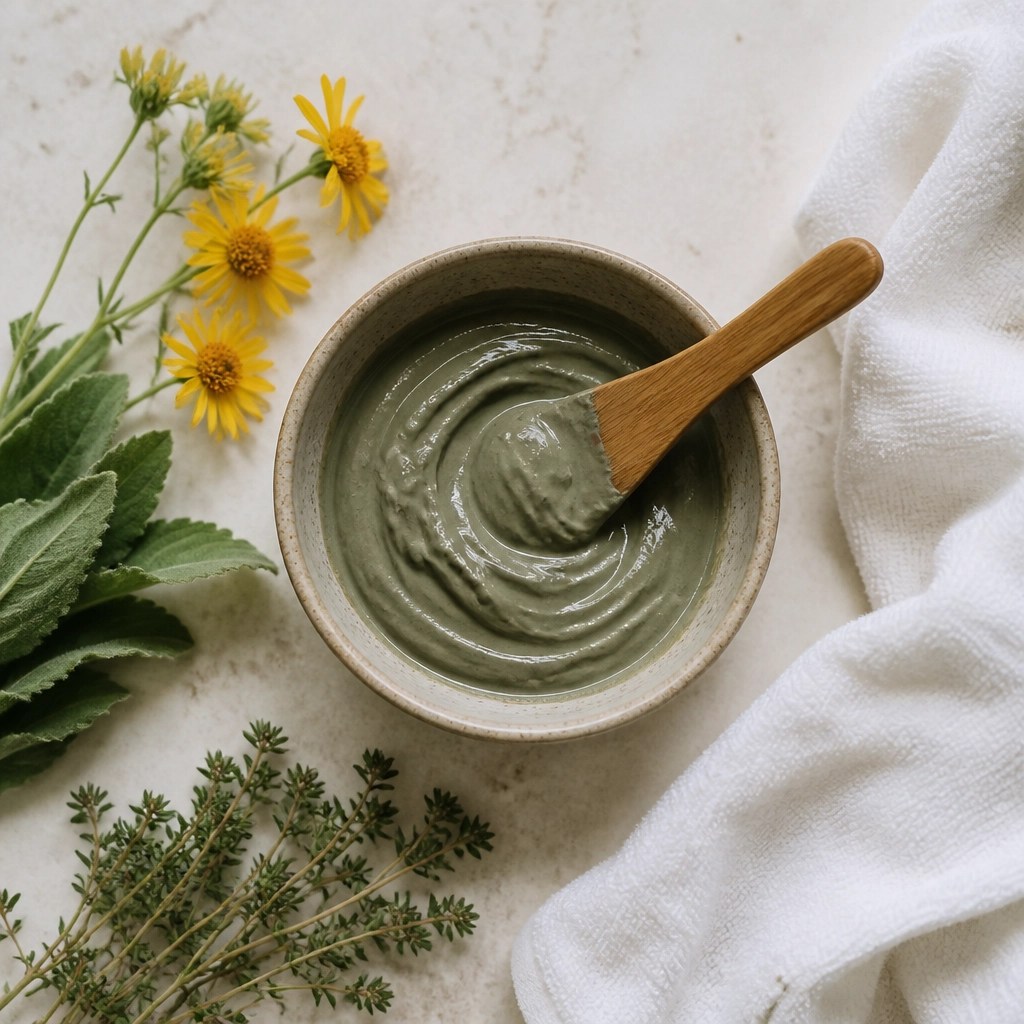 A top-down aesthetic shot of a bowl of wet green French clay with a wooden applicator. Next to it are some fresh herbs like arnica and a clean white towel. The scene is minimalist and organic, suggesting a natural healing remedy.