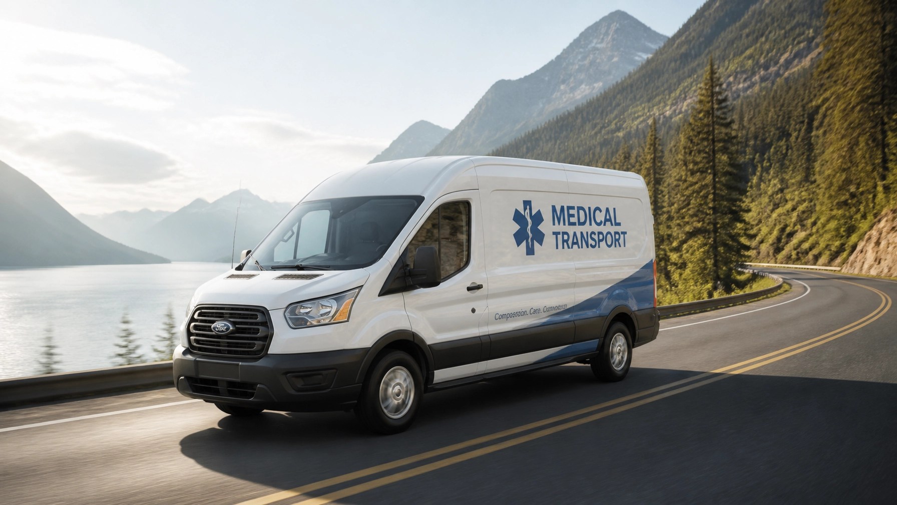 A medical transport vehicle on a quiet rural road, highlighting coverage area