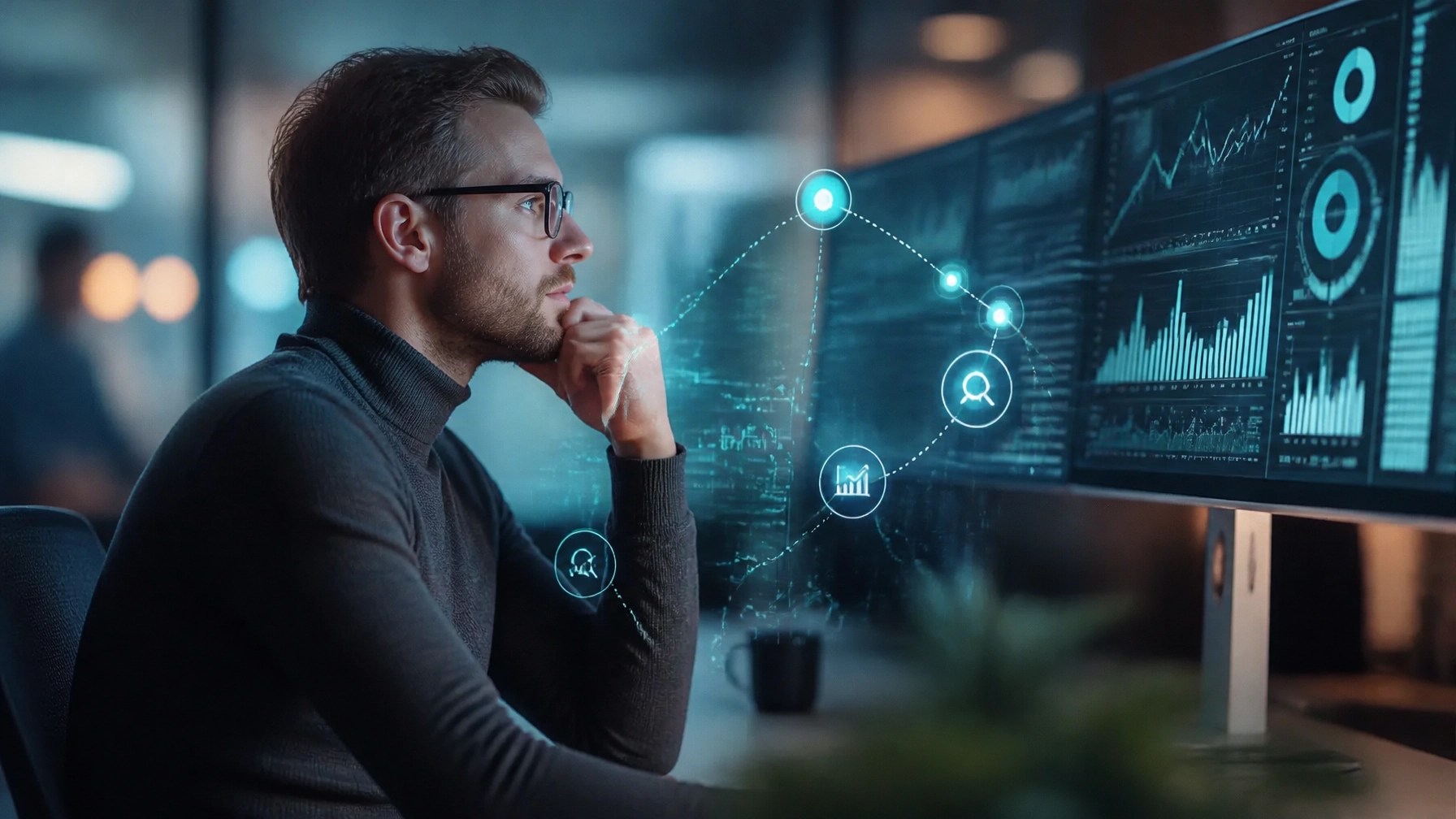 Technical architect monitoring a data-dense SEO and commercial performance dashboard with subtle cyan interface overlays