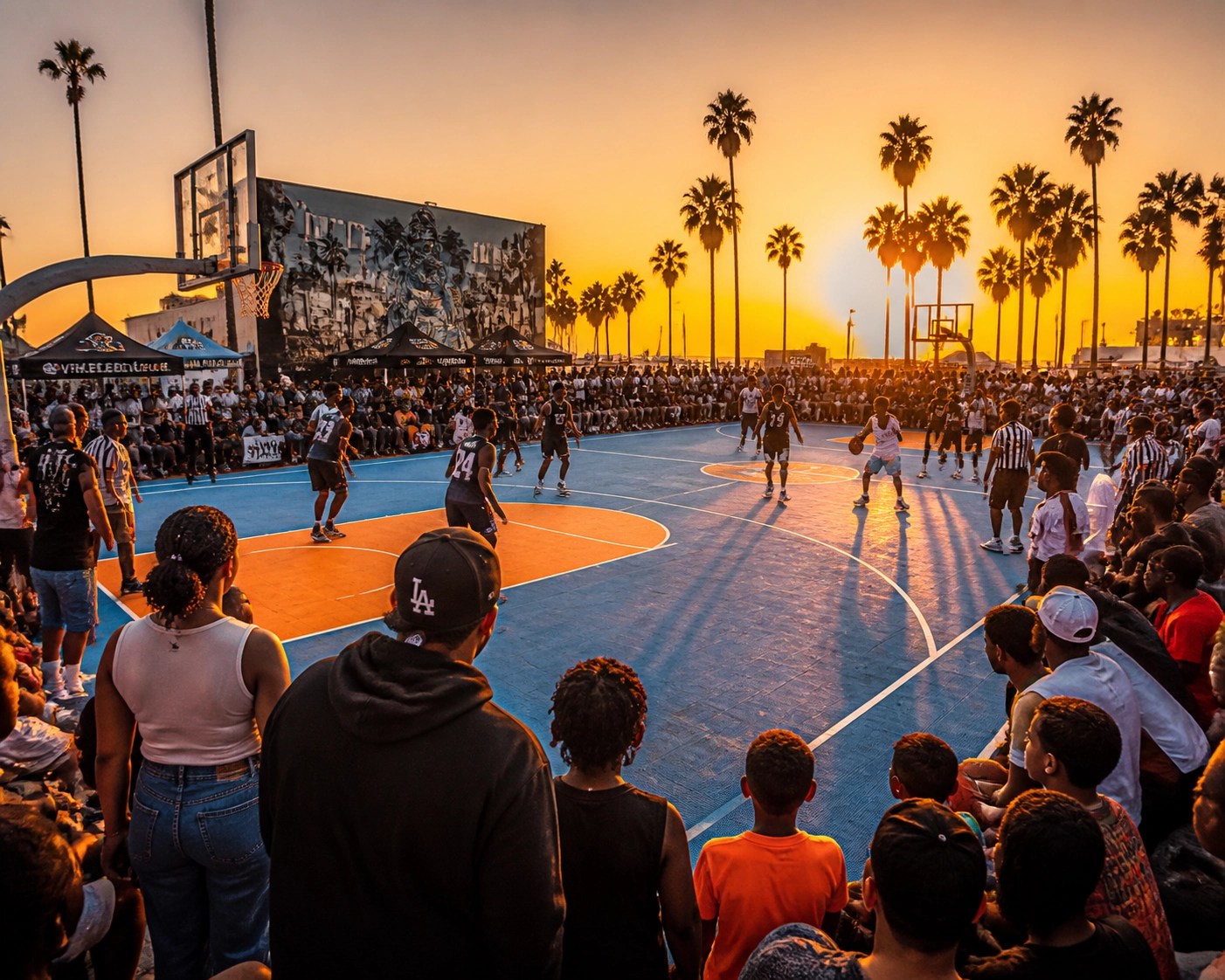 Diverse crowd gathered at a Los Angeles community basketball court during sunset, showing unity through sports.