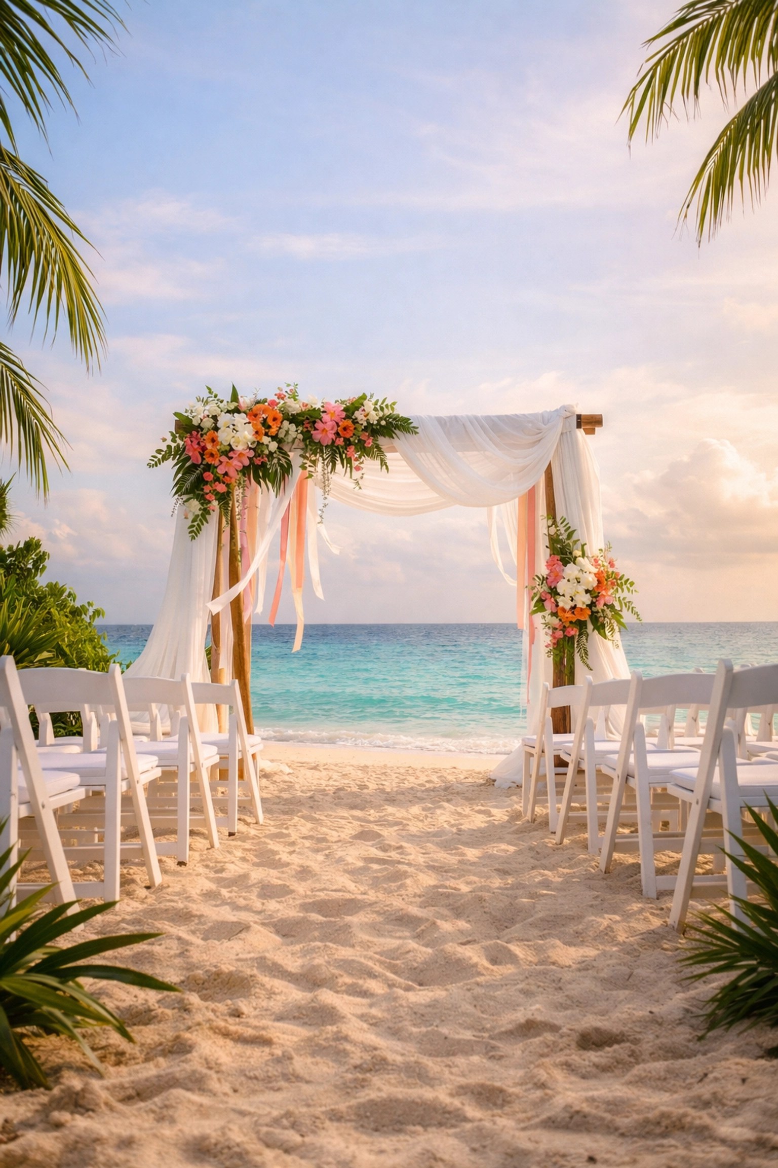 Private island beach wedding ceremony setup with white arch and ocean views