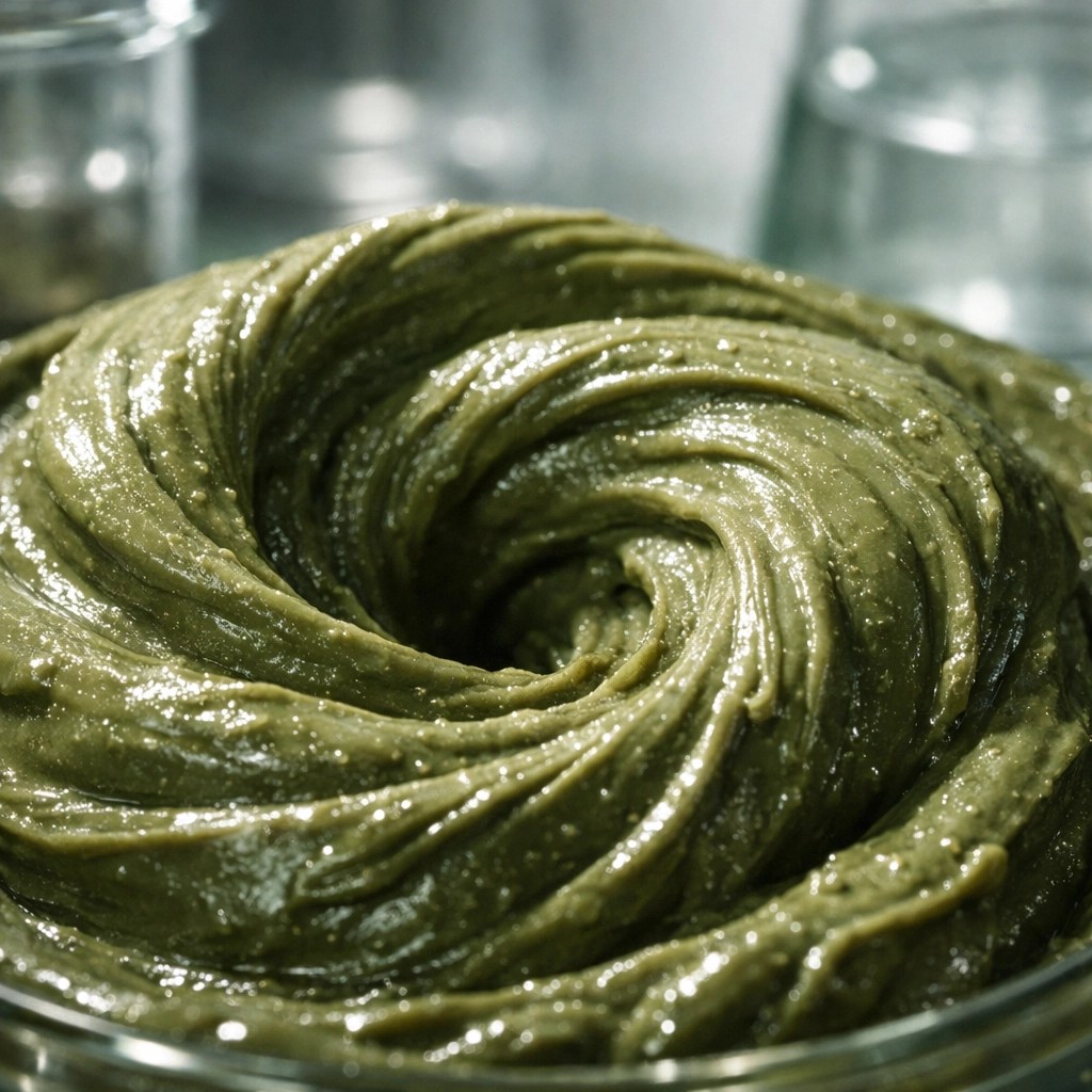 Creamy texture of mineral-rich French green clay used for natural detoxification and skin healing.