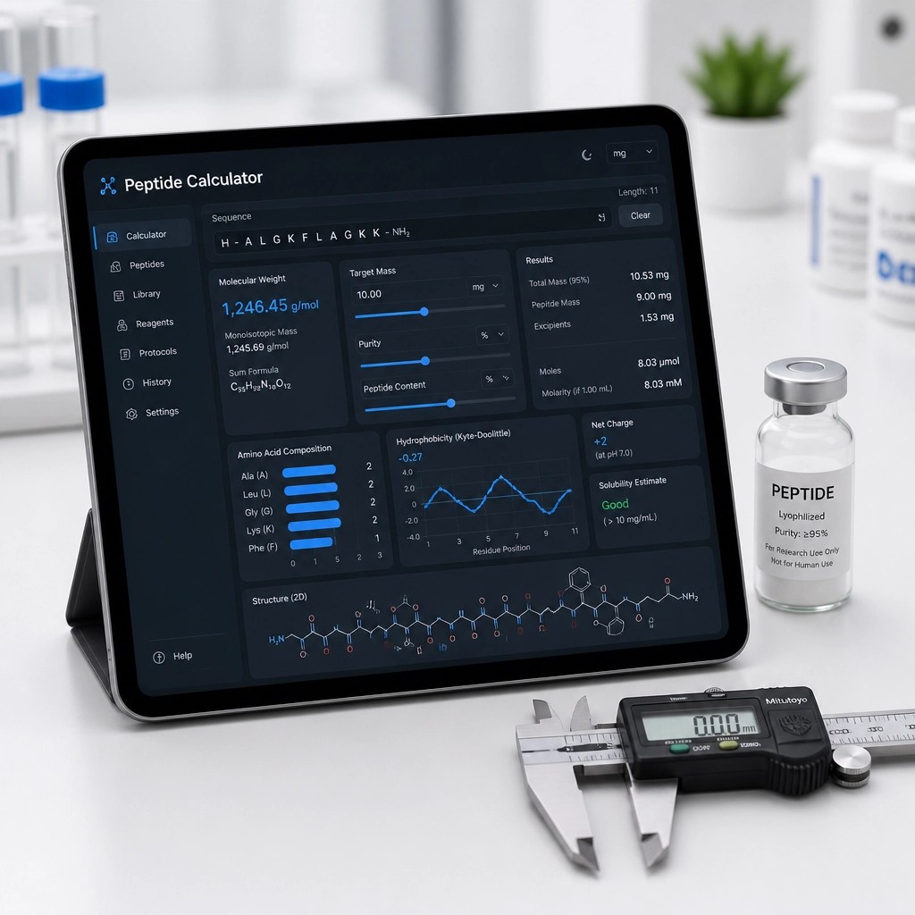 A modern tablet displaying the WLC Peptide Calculator interface next to lab equipment.