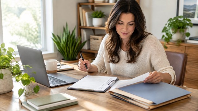 A solo real estate agent checks a transaction folder and checklist at a home office desk.