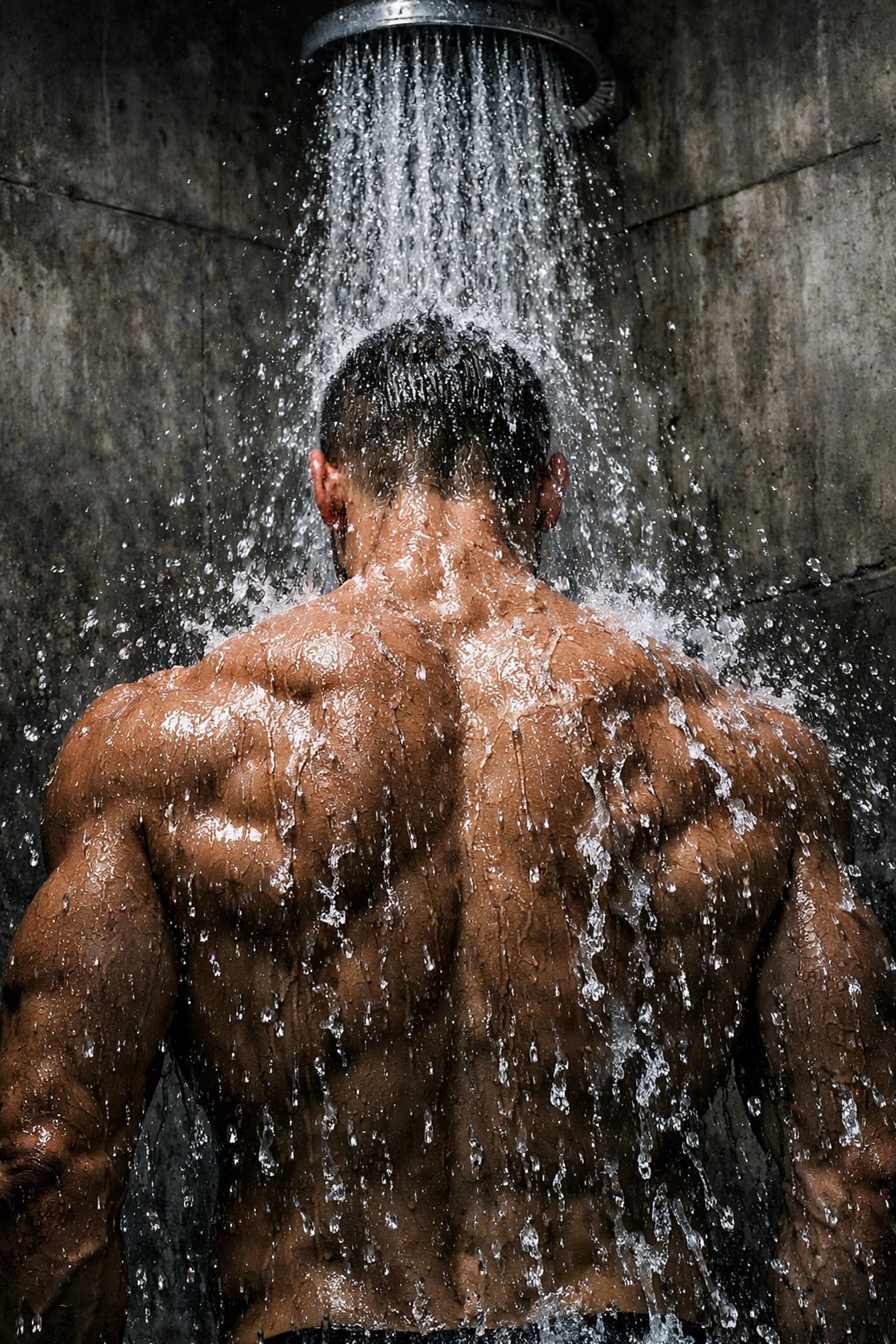 Professional athlete in a shower symbolizing natural recovery and washing away inflammation after training.