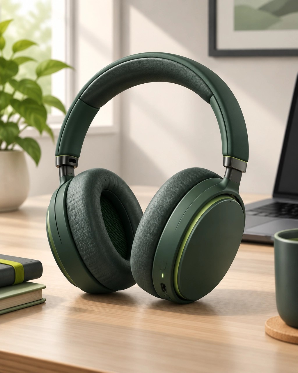 Cypress green over-ear headphones in a peaceful, softly lit home office