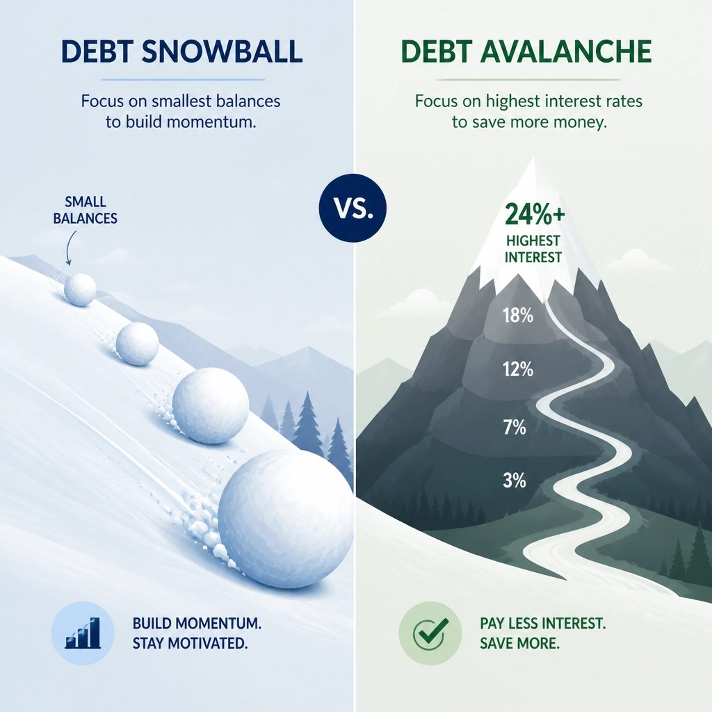 A conceptual illustration comparing the Debt Snowball and Debt Avalanche methods.