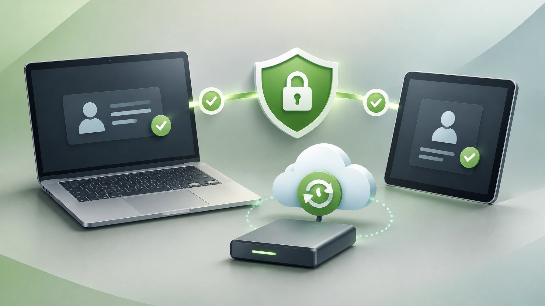 Laptop, secure remote-support connection, backup drive, and cloud restore symbols