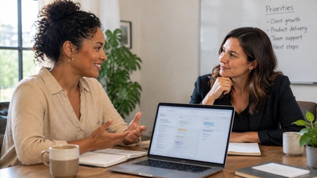 CEO and consultant discussing priorities in a small conference room