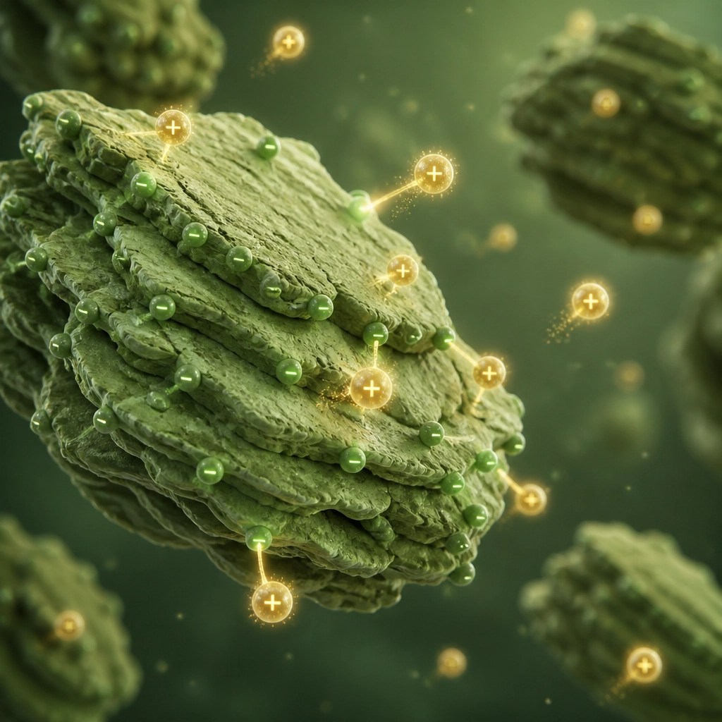 Microscopic 3D illustration of green clay particles binding with toxins