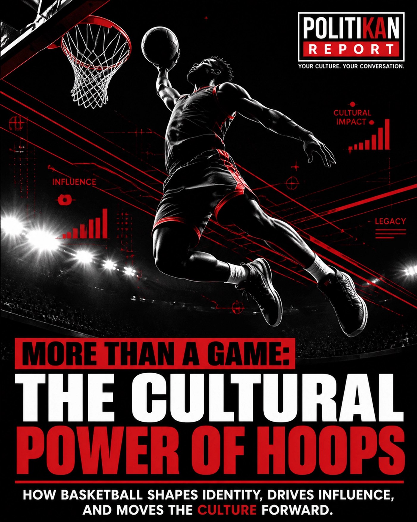 Basketball player dunking silhouette representing the cultural impact of sports on the community.