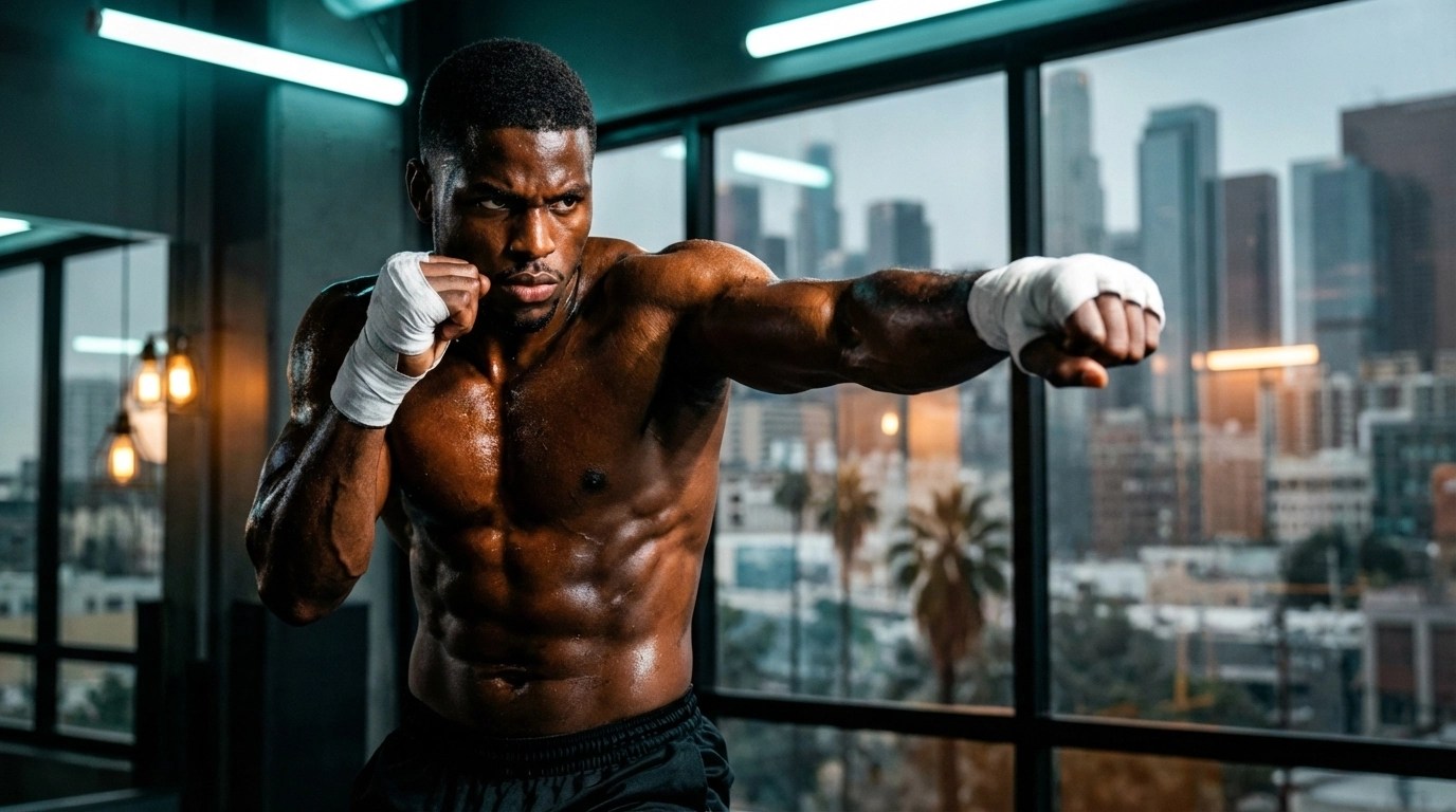 A Black fighter shadowboxing in a modern LA gym, highlighting the discipline and economic potential of combat sports.