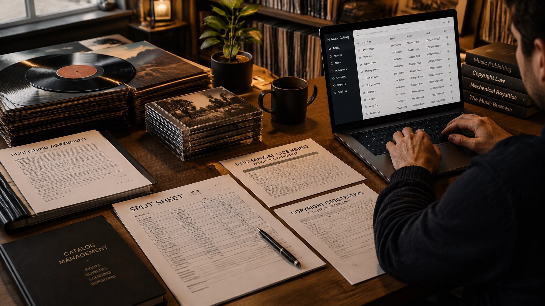 Organized music catalog infrastructure with publishing documents, physical formats, metadata systems, and royalty administration records