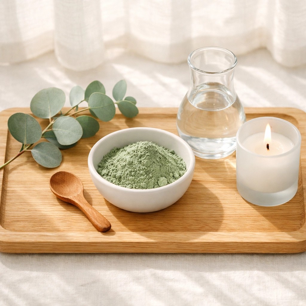 Home spa setup with green clay powder in a ceramic bowl and a wooden spoon for a natural detox ritual.