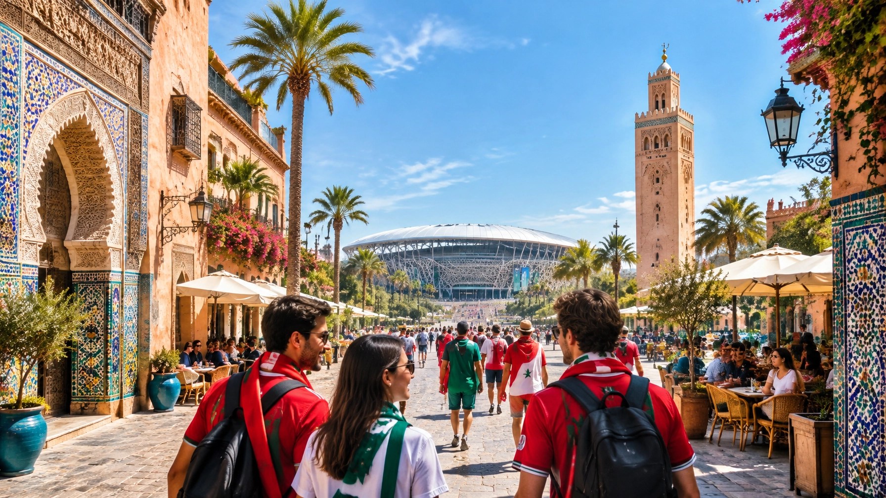 Fans walking through a historic Iberian city towards a modern football stadium in bright daytime light
