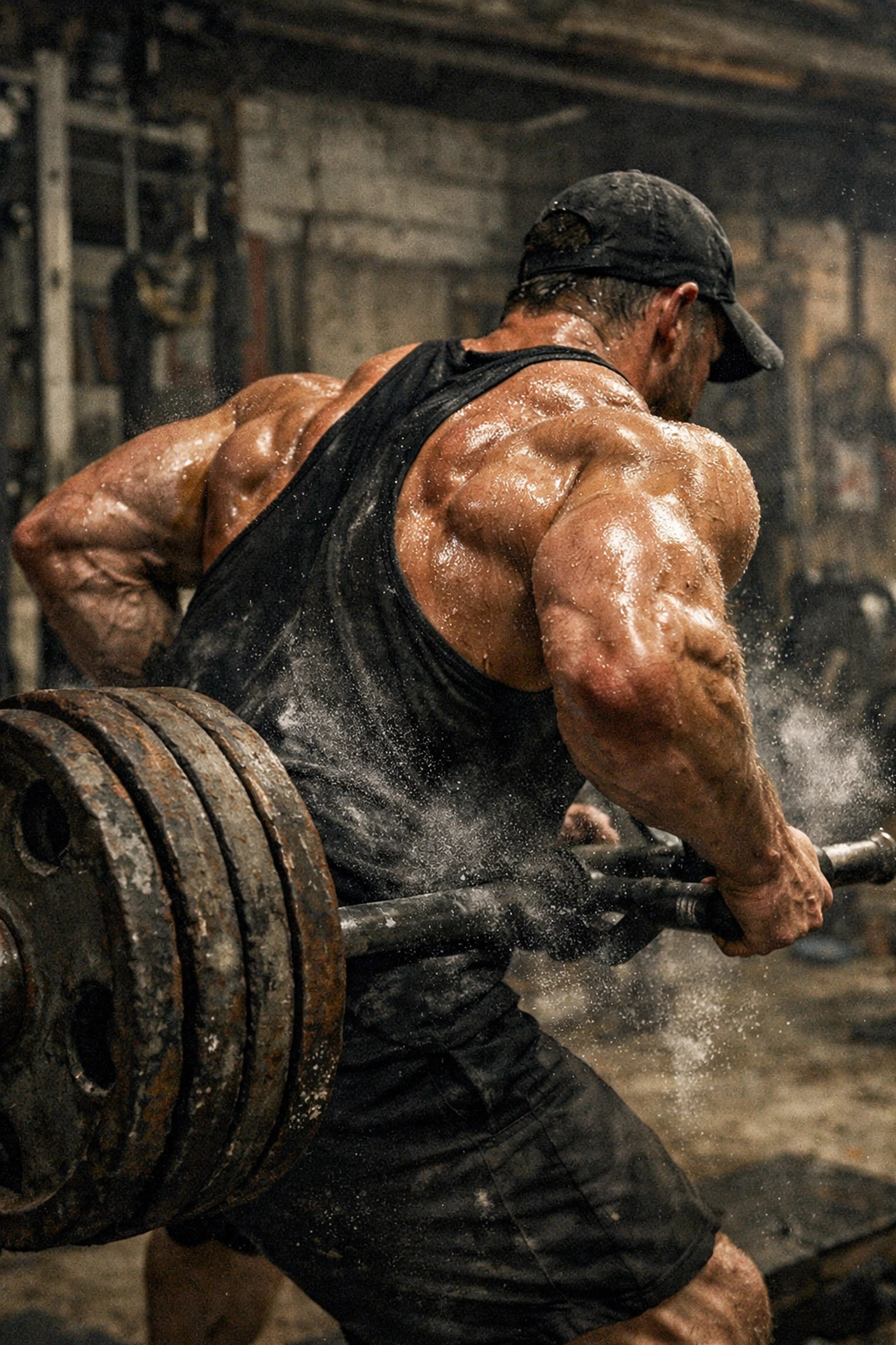 Focused athlete executing a T-bar row with heavy plates to target rhomboids and middle traps for back development.
