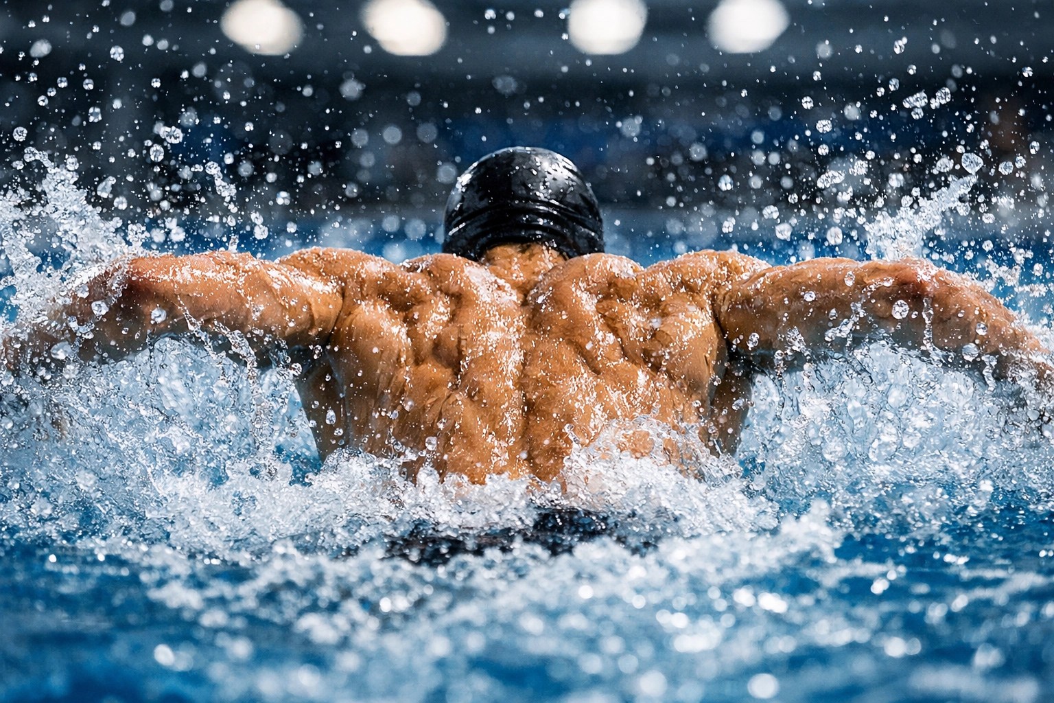 Competitive swimmer doing butterfly stroke showing shoulder muscles used in high-intensity training.