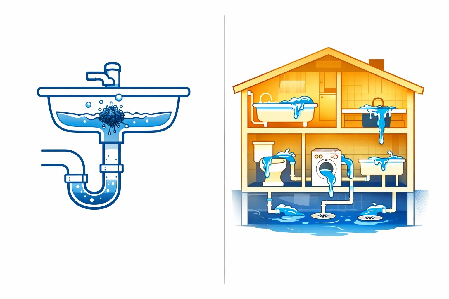 Comparison of single clogged drain versus multiple drains backing up throughout home