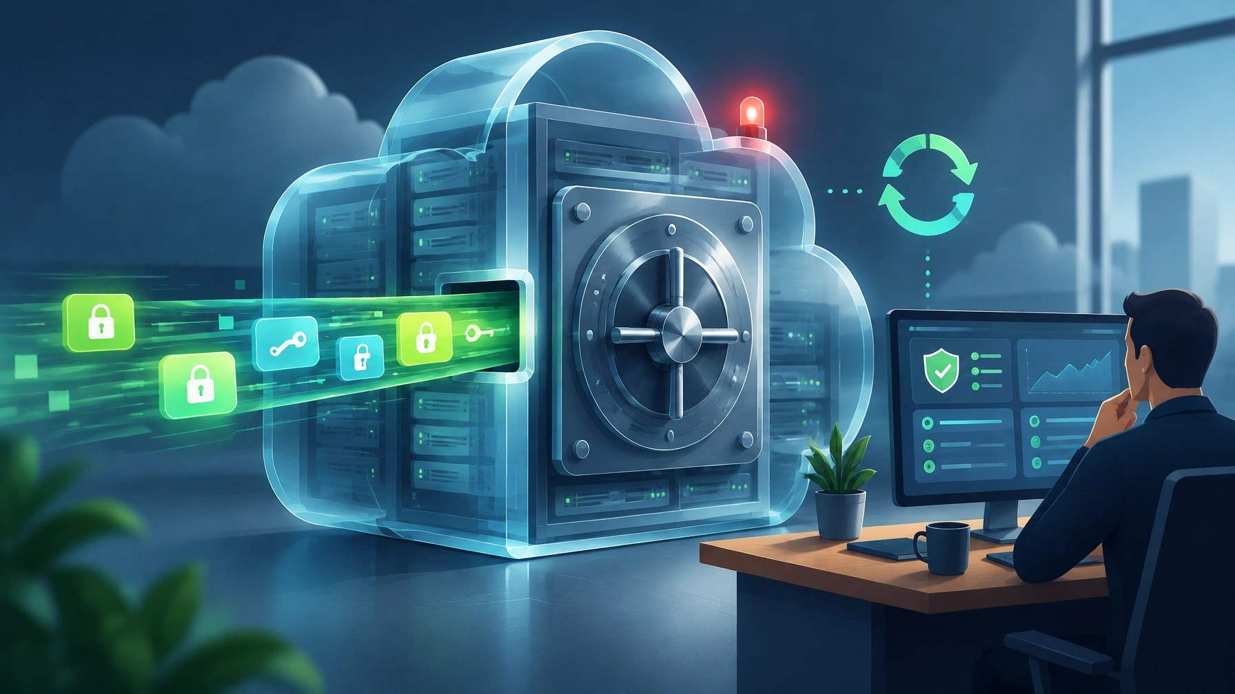 A cloud server vault with a small alert light and encrypted credential tokens