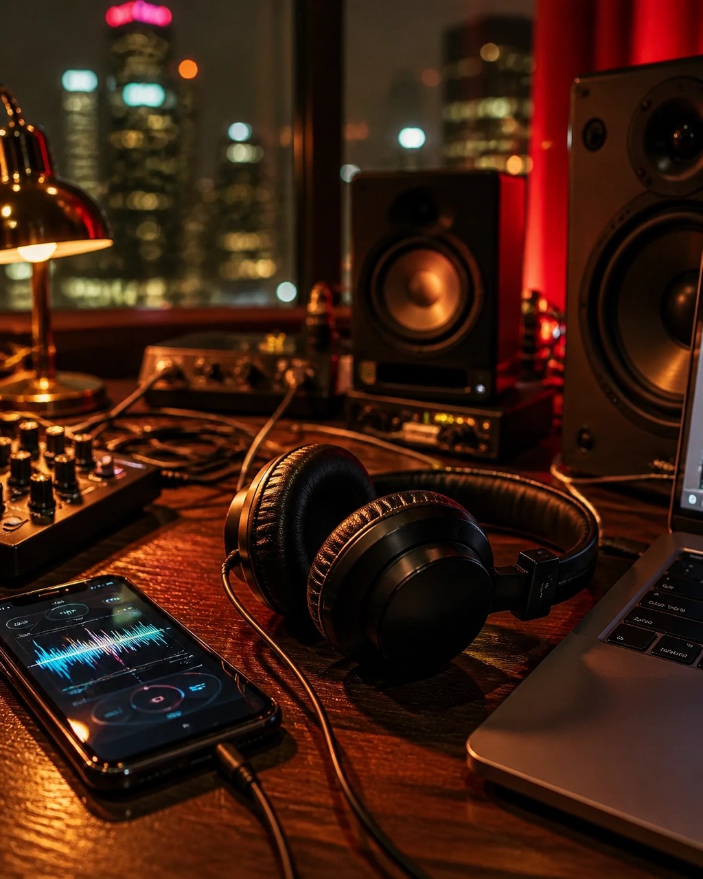 Studio desk with headphones, speakers, cables, and a phone displaying an abstract music interface