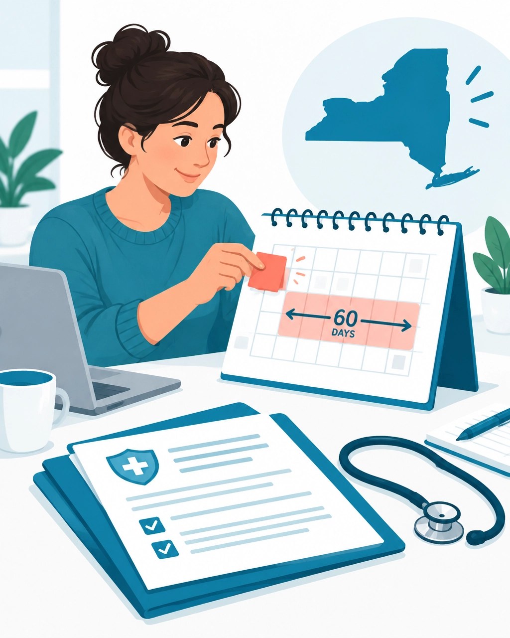 Calendar and documents representing a 60-day health insurance enrollment window in New York
