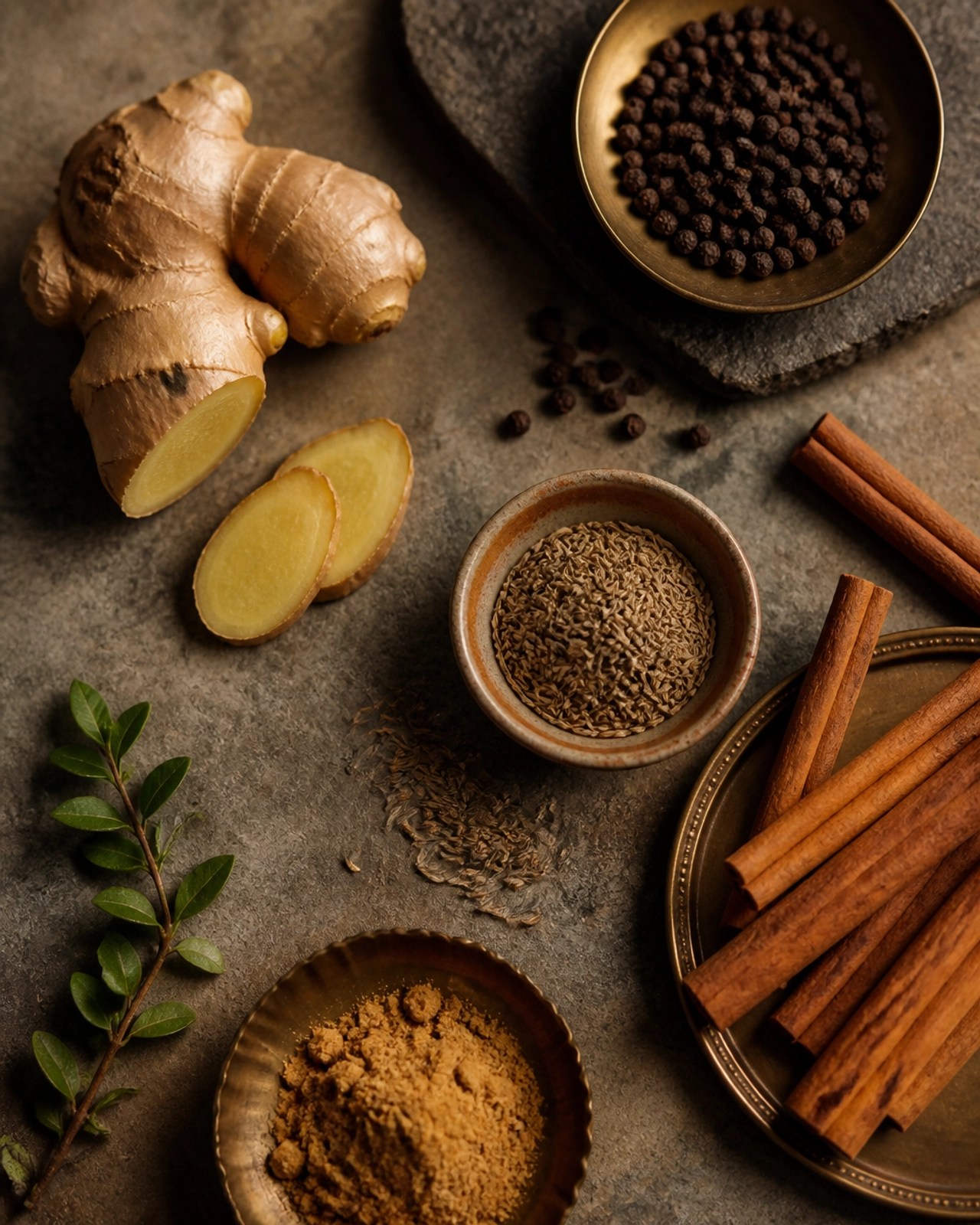 A top-down artistic arrangement of warming spices including ginger, cinnamon, and cumin seeds, essential for supporting the digestive fire.
