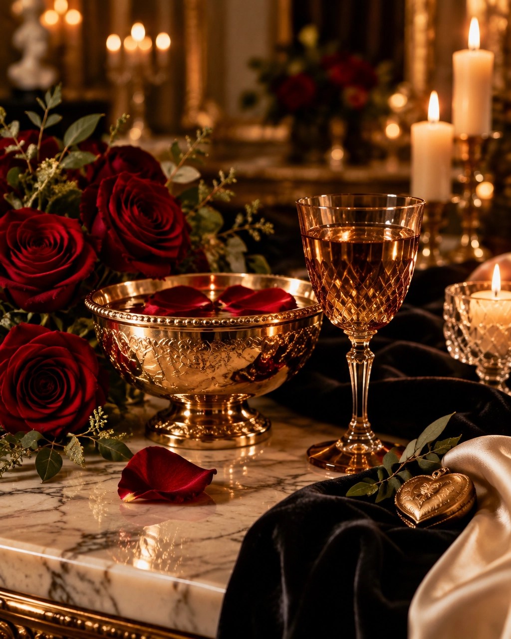 Cream velvet chaise, amber goblet, gold accents, and red roses in a luxury penthouse for manifesting love and feminine energy