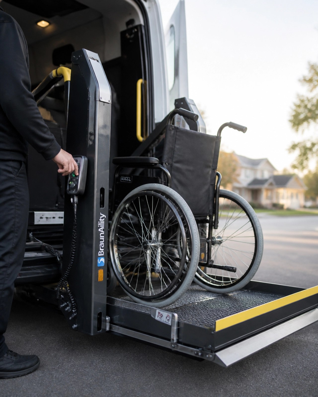A close-up of a modern wheelchair lift on a specialized NEMT vehicle.