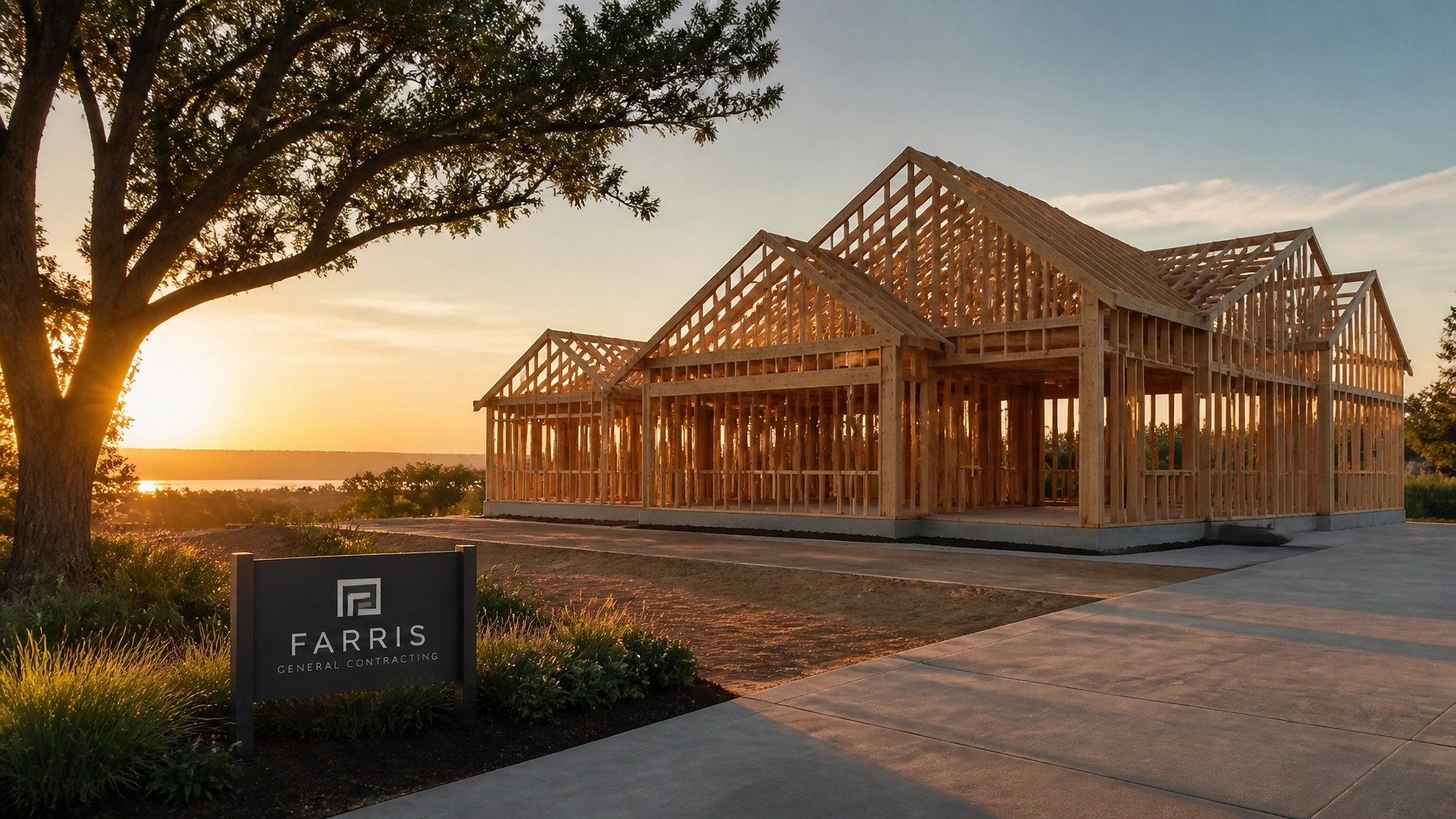 A clean and organized construction site framing a new home at sunset