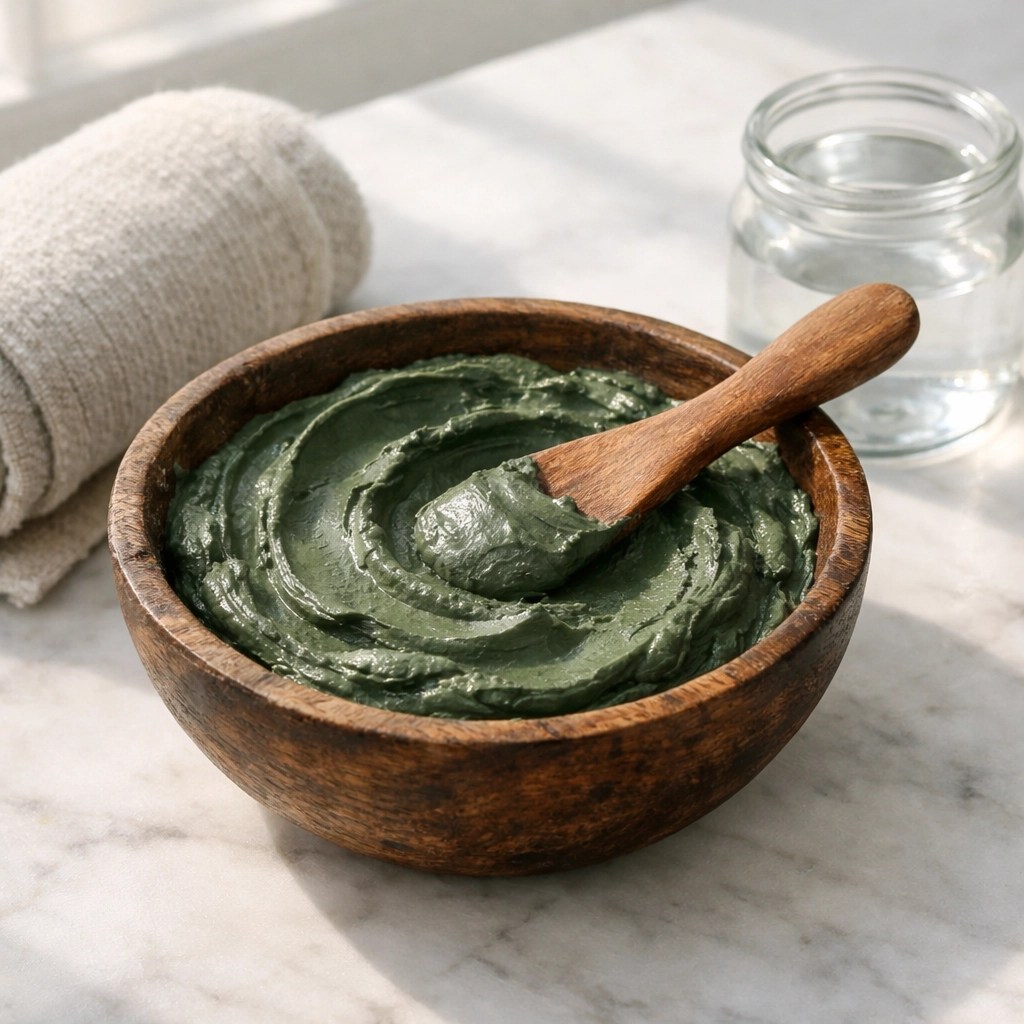 Preparing a thick French green clay poultice in a wooden bowl for natural muscle soreness relief.