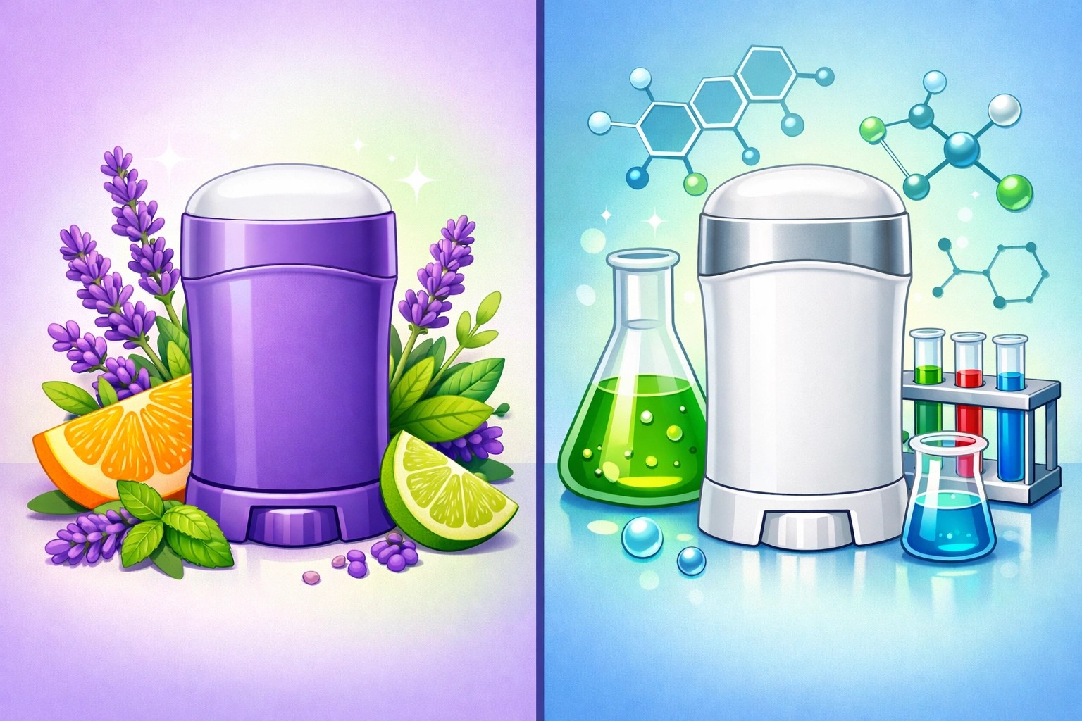 Natural deodorant with plants versus synthetic deodorant with chemical ingredients comparison