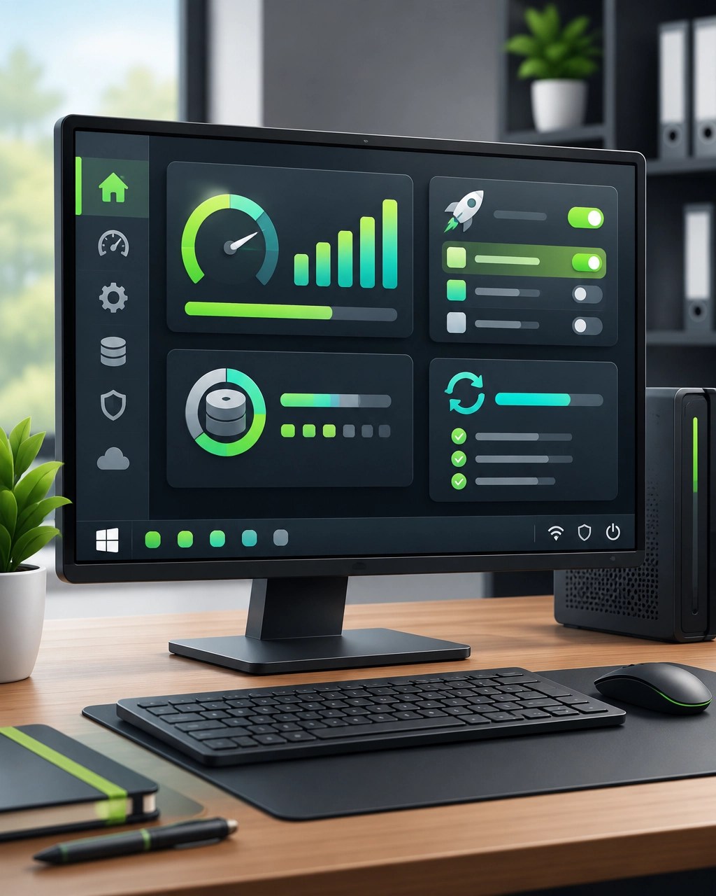 Clean digital illustration of Windows system optimization with performance indicators, storage health, updates, and startup controls