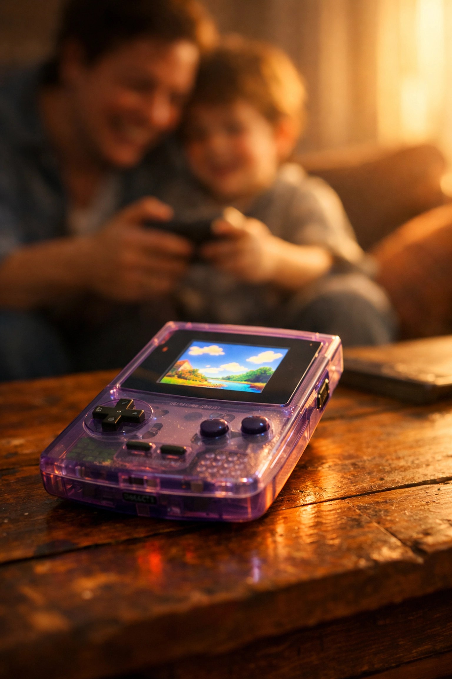 Working vintage translucent purple handheld game console with a glowing screen, highlighting 90s electronics restoration.