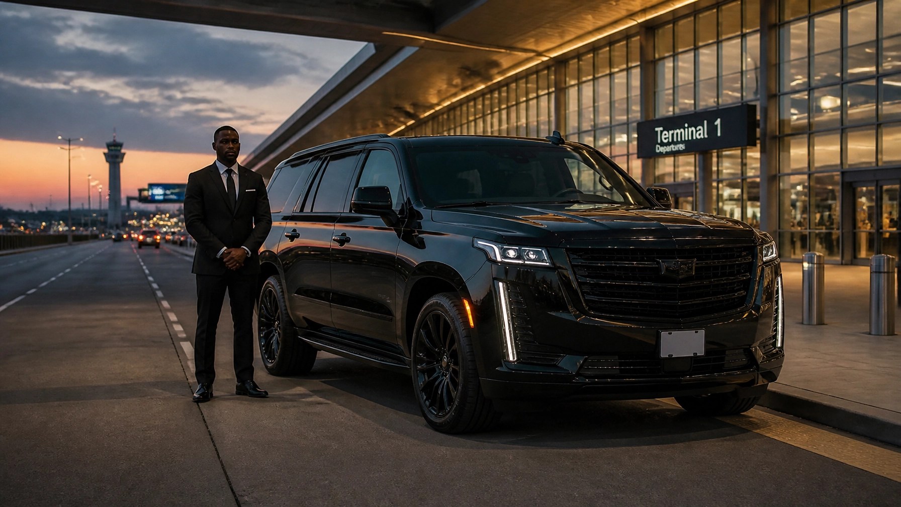 A professional chauffeur and a sleek Cadillac Escalade at O'Hare Terminal 1, representing the premium reliability of Fiona's Carriage Inc.