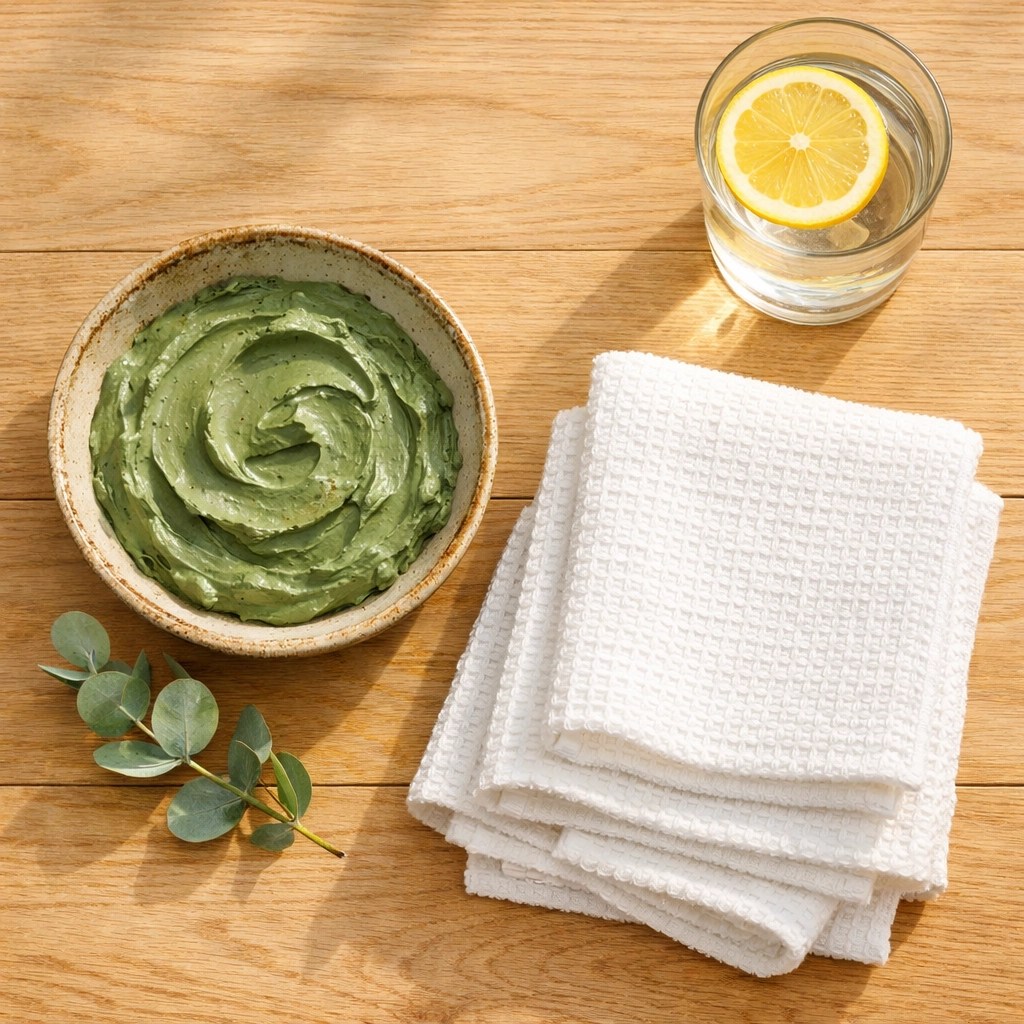 Natural Pilates recovery set with a bowl of green mineral clay and soft towels for core health.