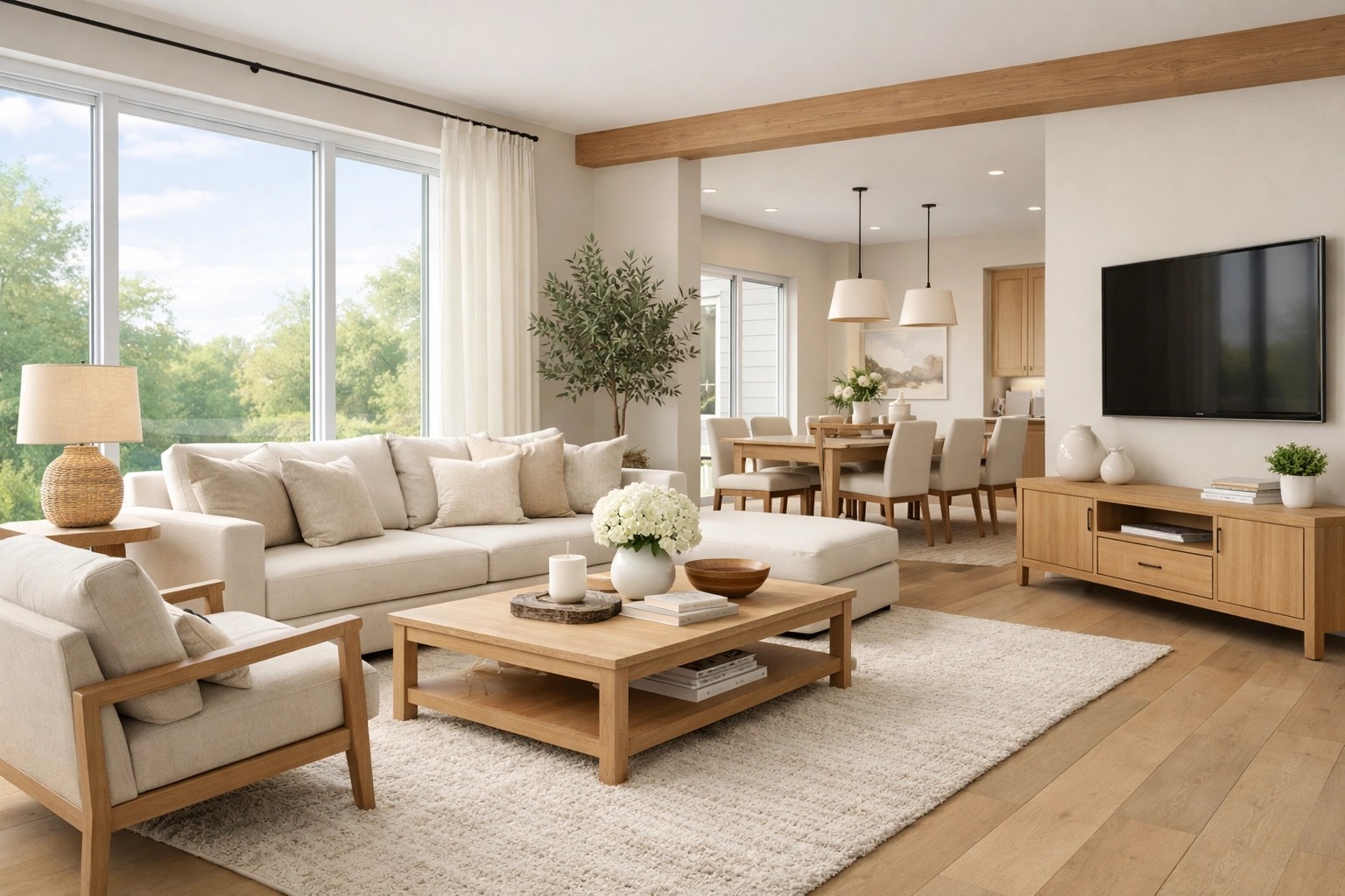 Professionally staged living room in a modern Miamisburg home showing a move-in ready interior.