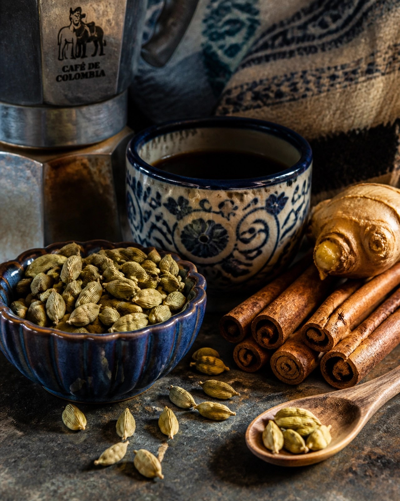 Especias tradicionales como el cardamomo y la canela, esenciales para equilibrar las cualidades del café según la medicina ancestral.