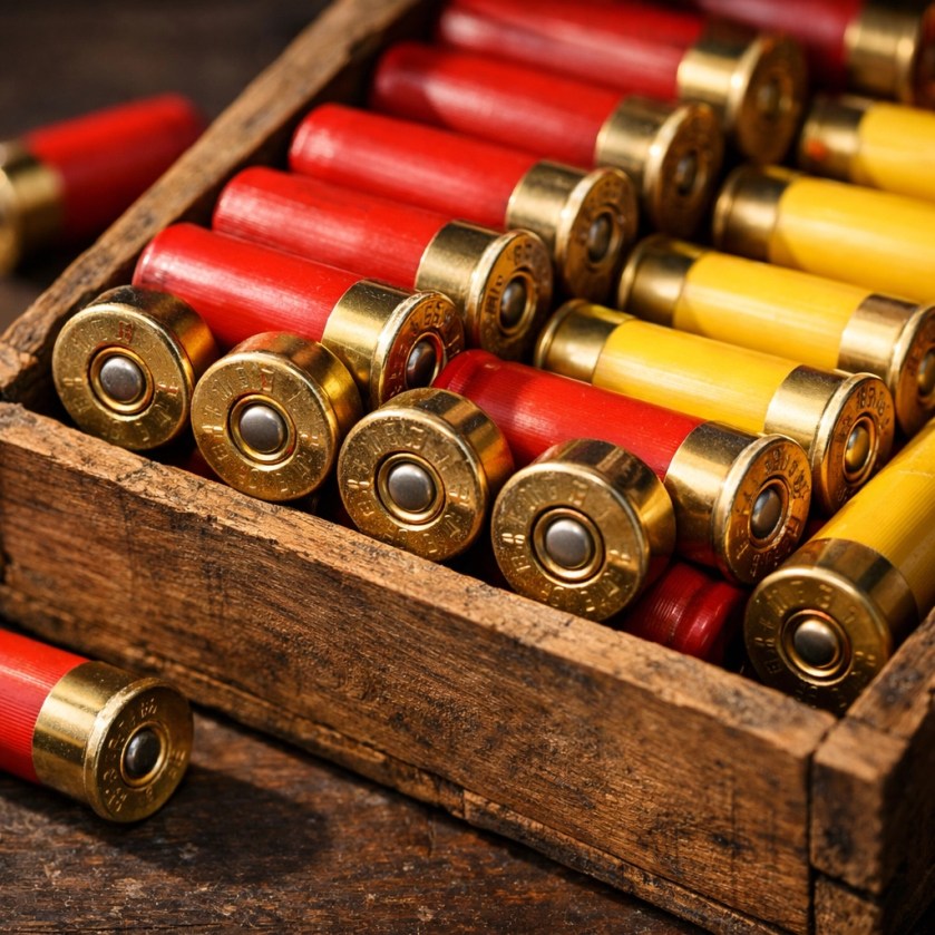 Red 12-gauge and yellow 20-gauge shotgun shells in a wooden crate for bulk ammunition savings.