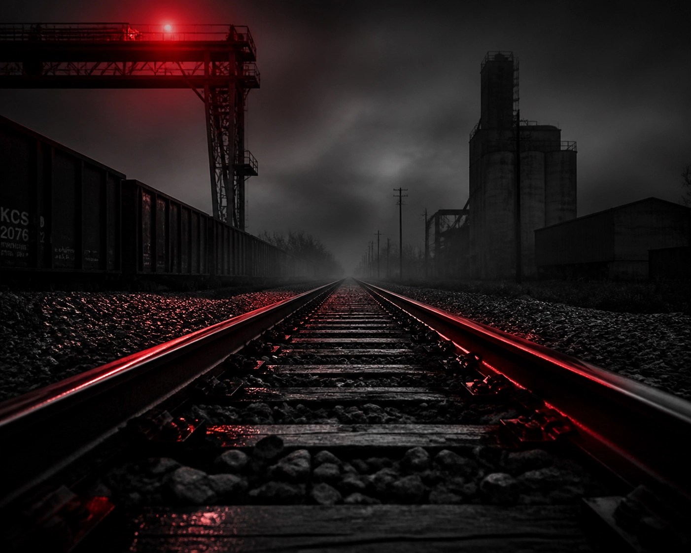 Industrial train tracks at night with a red glow representing tragic cargo train boxcar incidents.