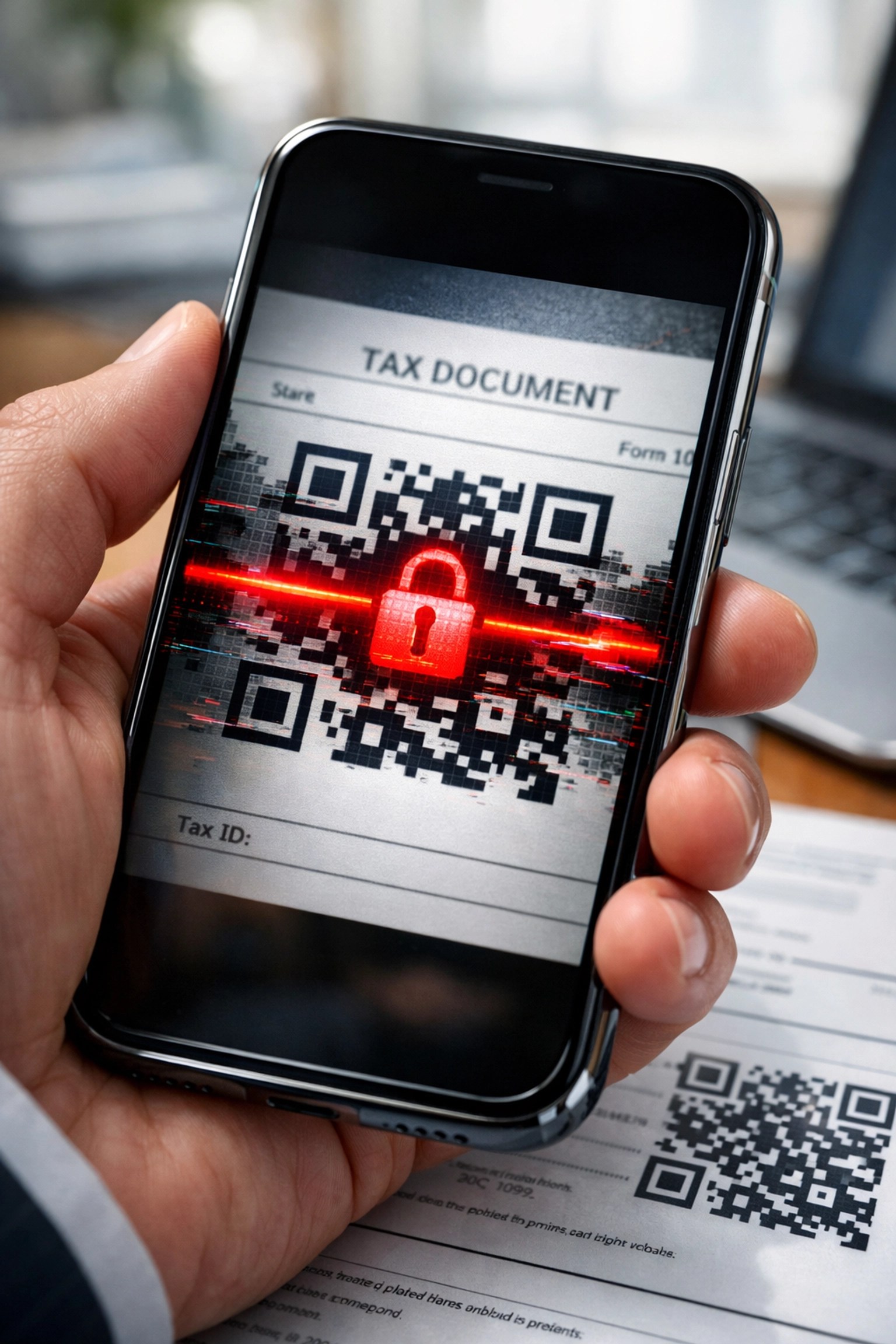 Scanning a QR code on a tax document with a smartphone to show the risk of quishing scams in Lexington offices.