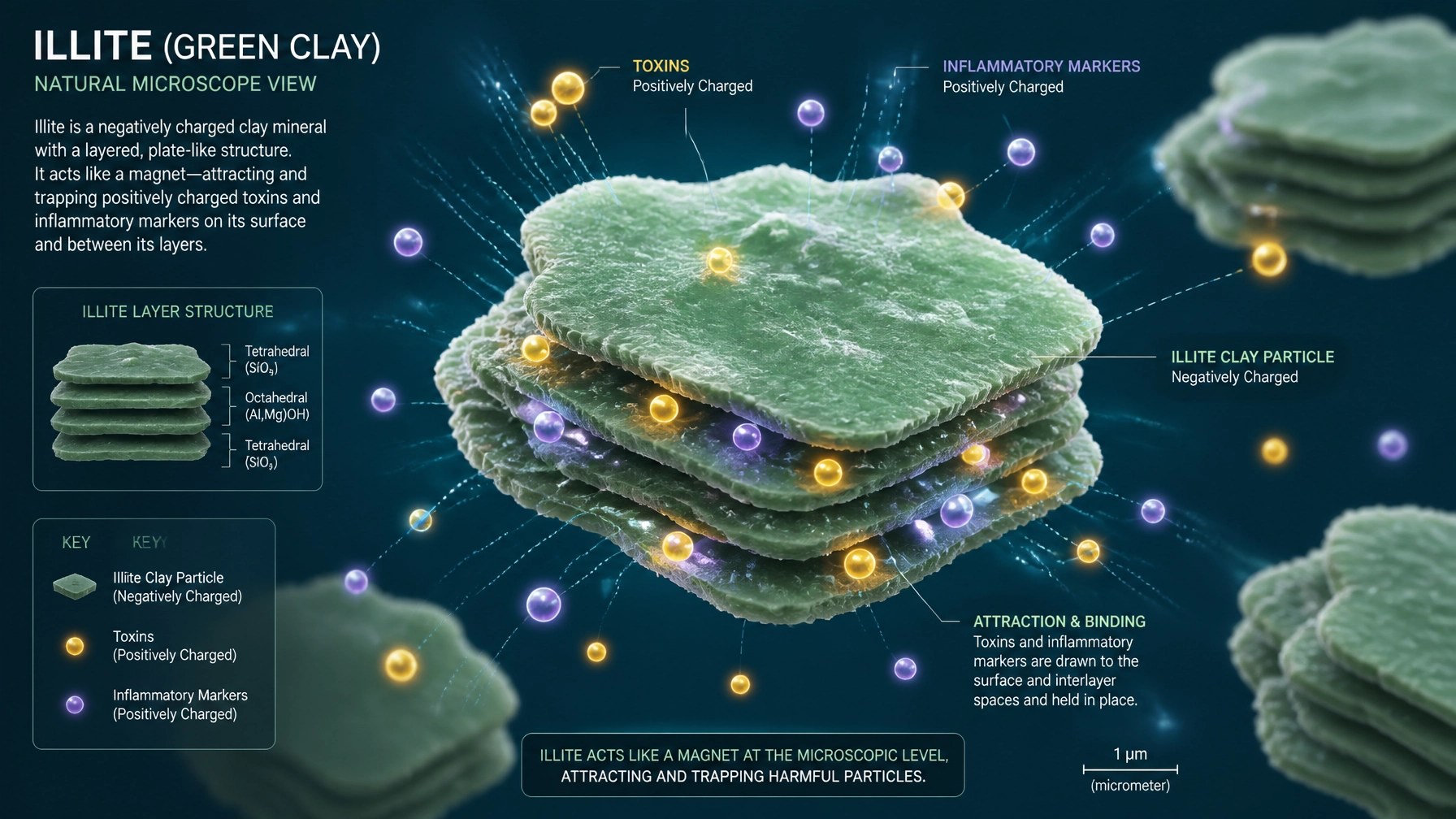 Scientific illustration of green clay particles attracting toxins like a magnet.